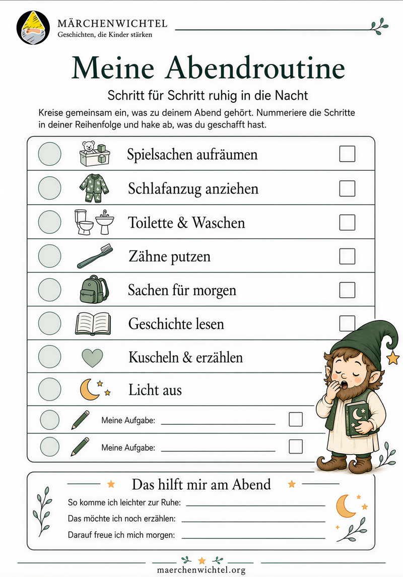 Abendroutine für Kinder mit Bildern im kostenlosen Routineplaner