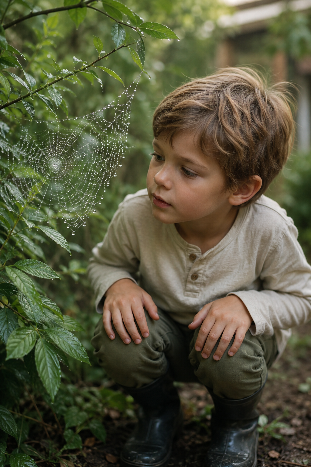 Ein Kind betrachtet aufmerksam die Regentropfen auf einem Spinnennetz im Garten.
