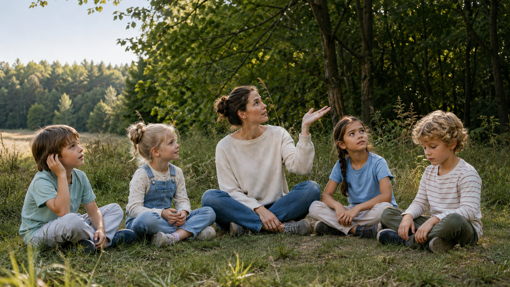Vier Kinder und eine Begleitperson lauschen gemeinsam den Geräuschen in der Natur.