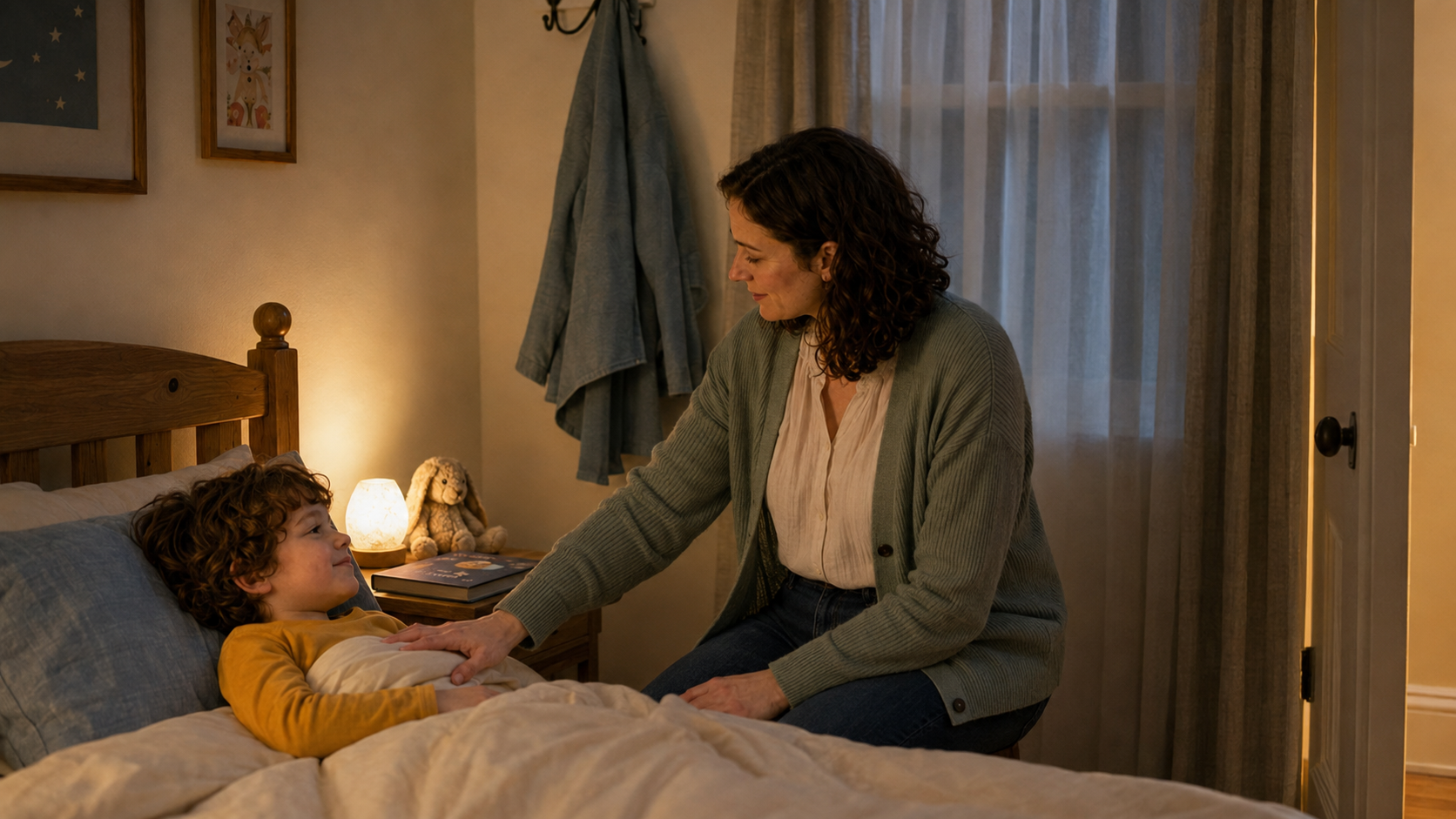 Ein entspanntes Kind liegt im Bett, während seine Mutter die Decke glattstreicht und ein Nachtlicht sowie die offene Tür Orientierung geben.
