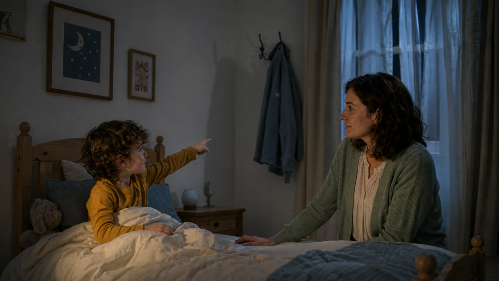 Ein Kind zeigt nachts vom Bett aus auf einen Schatten, während seine Mutter ruhig und aufmerksam an der Bettkante sitzt.