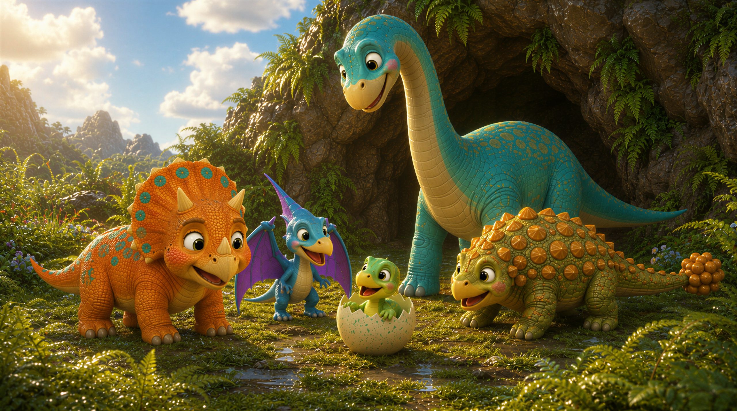 Dara Dino, Flapp, Knubbs und Luma stehen glücklich vor der Höhle um das Dinobaby in seiner Eierschale.