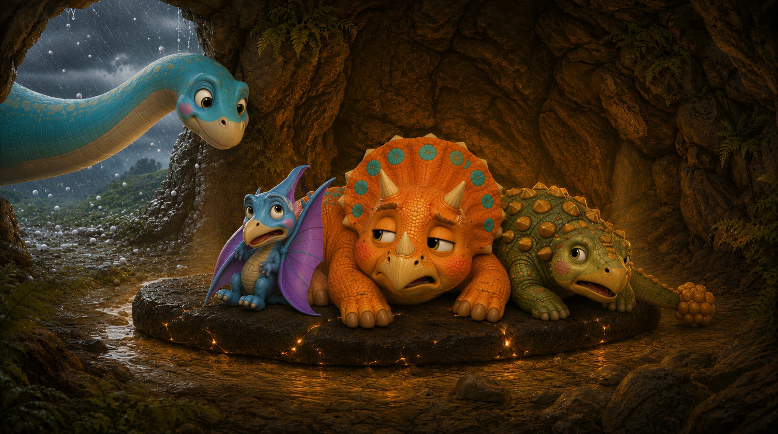 Dara Dino, Flapp und Knubbs drängen sich auf dem Warmstein, während Luma den Kopf in die enge Höhle steckt.