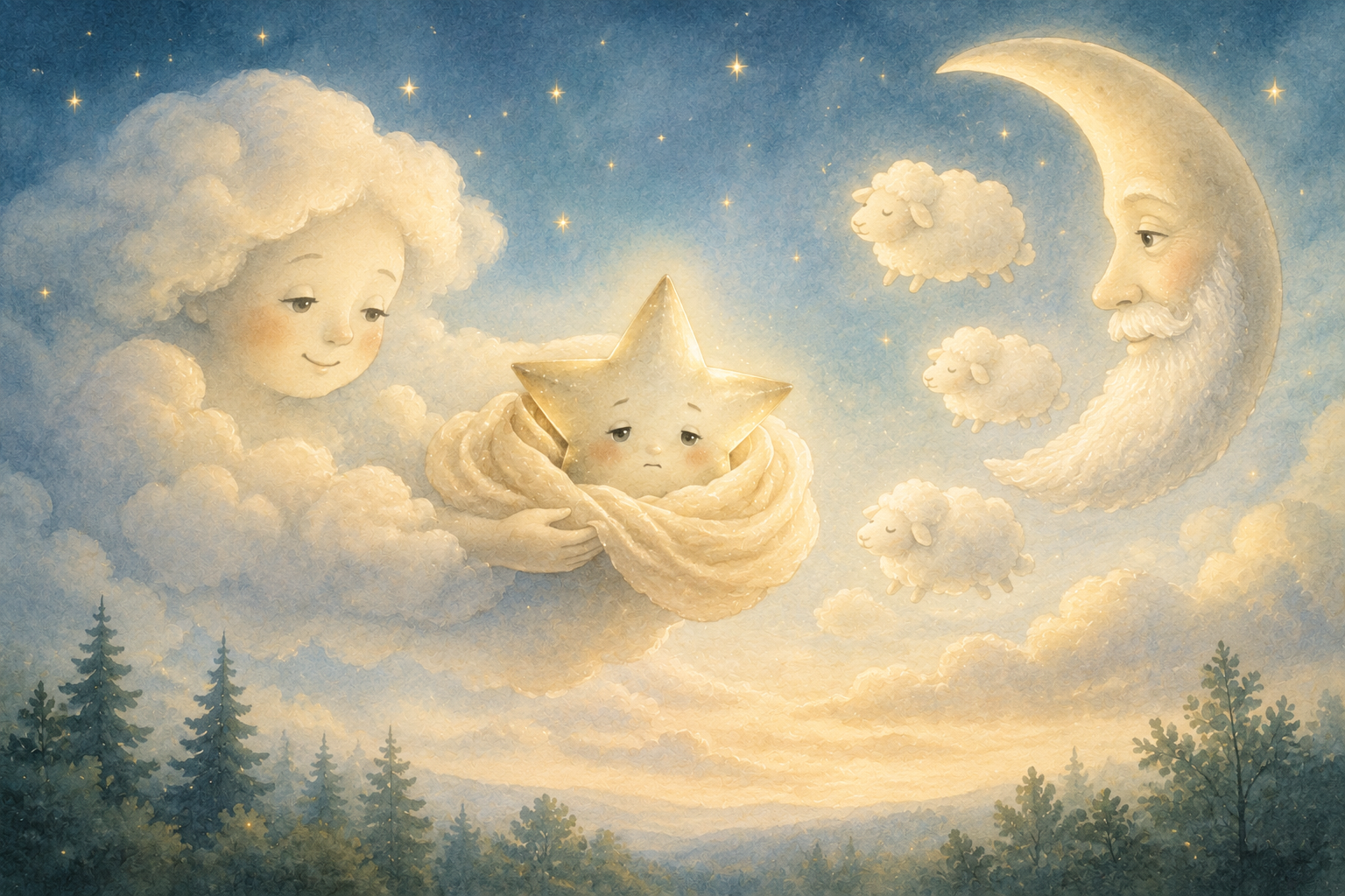 Der kleine Stern Firo sucht bei Frau Wolke und Herrn Mond Hilfe beim Einschlafen