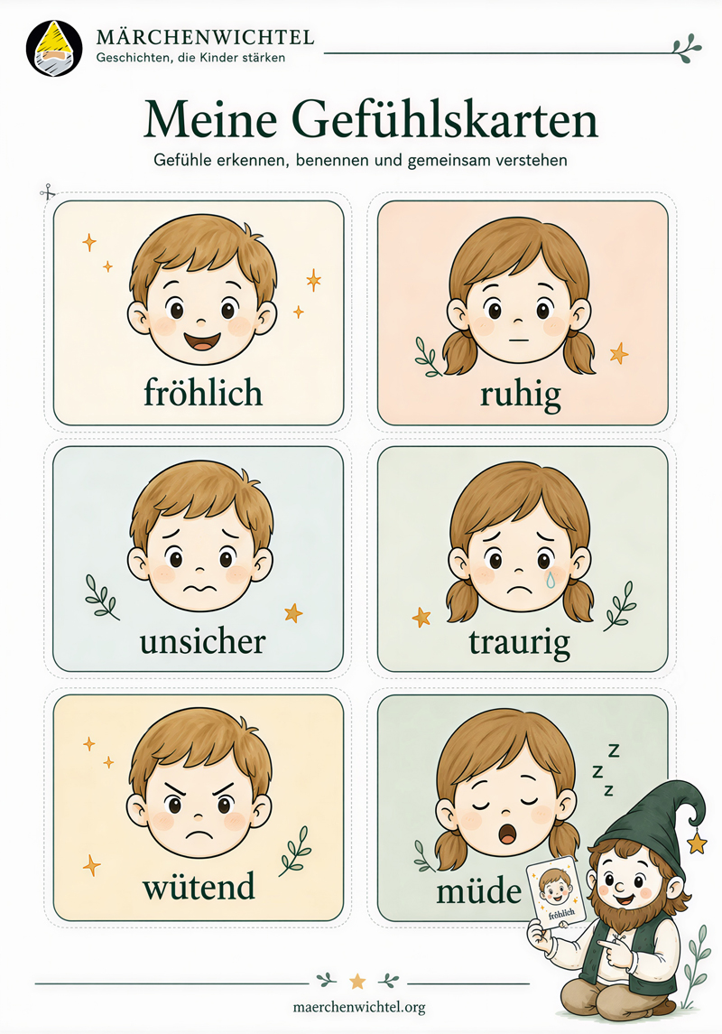 Gefühlskarten für Kinder mit sechs Grundgefühlen zum Ausdrucken