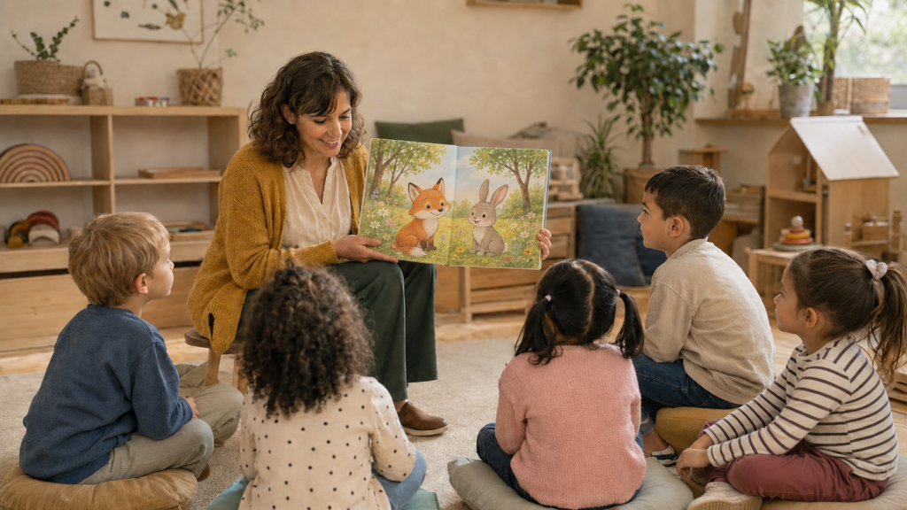 Eine pädagogische Fachkraft zeigt fünf Kindern im Sitzkreis ein Bilderbuch und liest die Geschichte vor.
