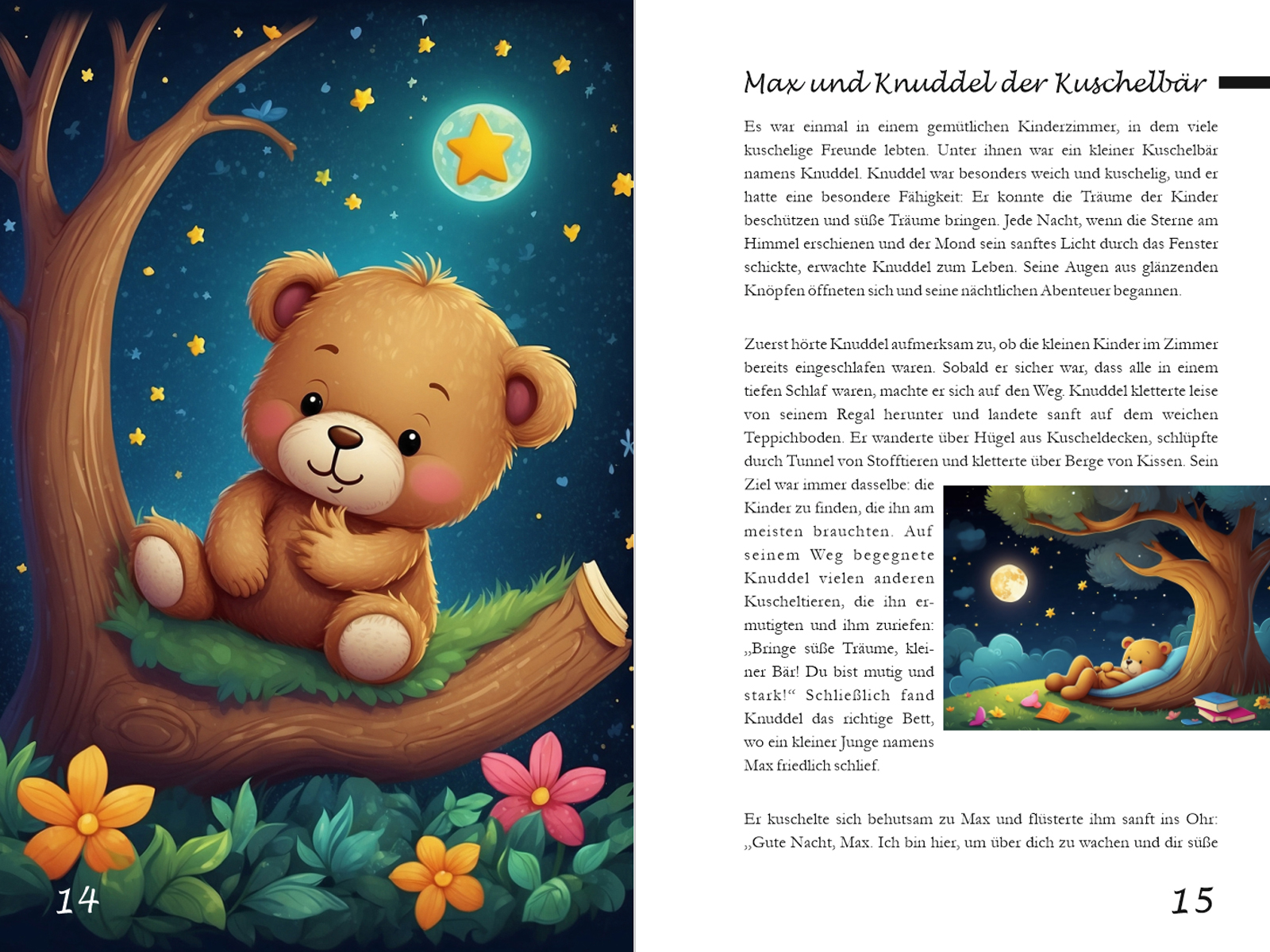 Doppelseite aus dem Buch Kurze Gute-Nacht-Geschichten mit einer ruhigen Tiergeschichte