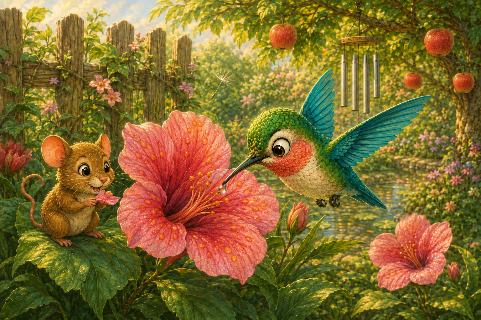 Kaja Kolibri kostet Nektar aus einer rosa gesprenkelten Blüte, während Nelli zufrieden daneben nascht.