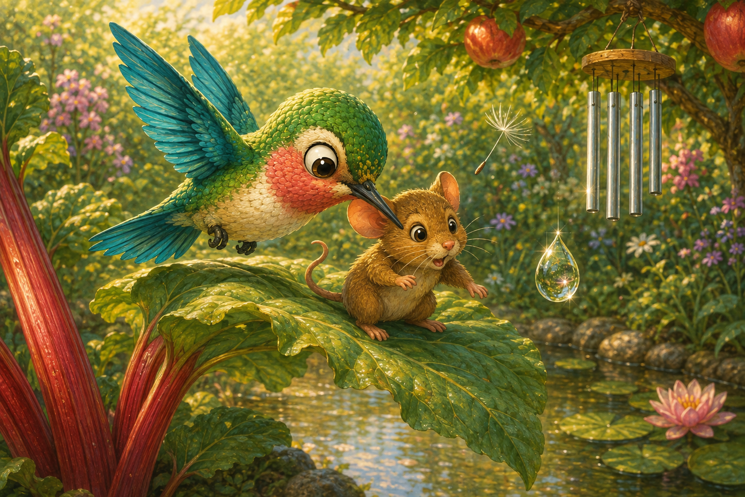 Kaja Kolibri fliegt Nelli auf dem Rhabarberblatt zu Hilfe, während ein Tautropfen in der Luft schwebt.