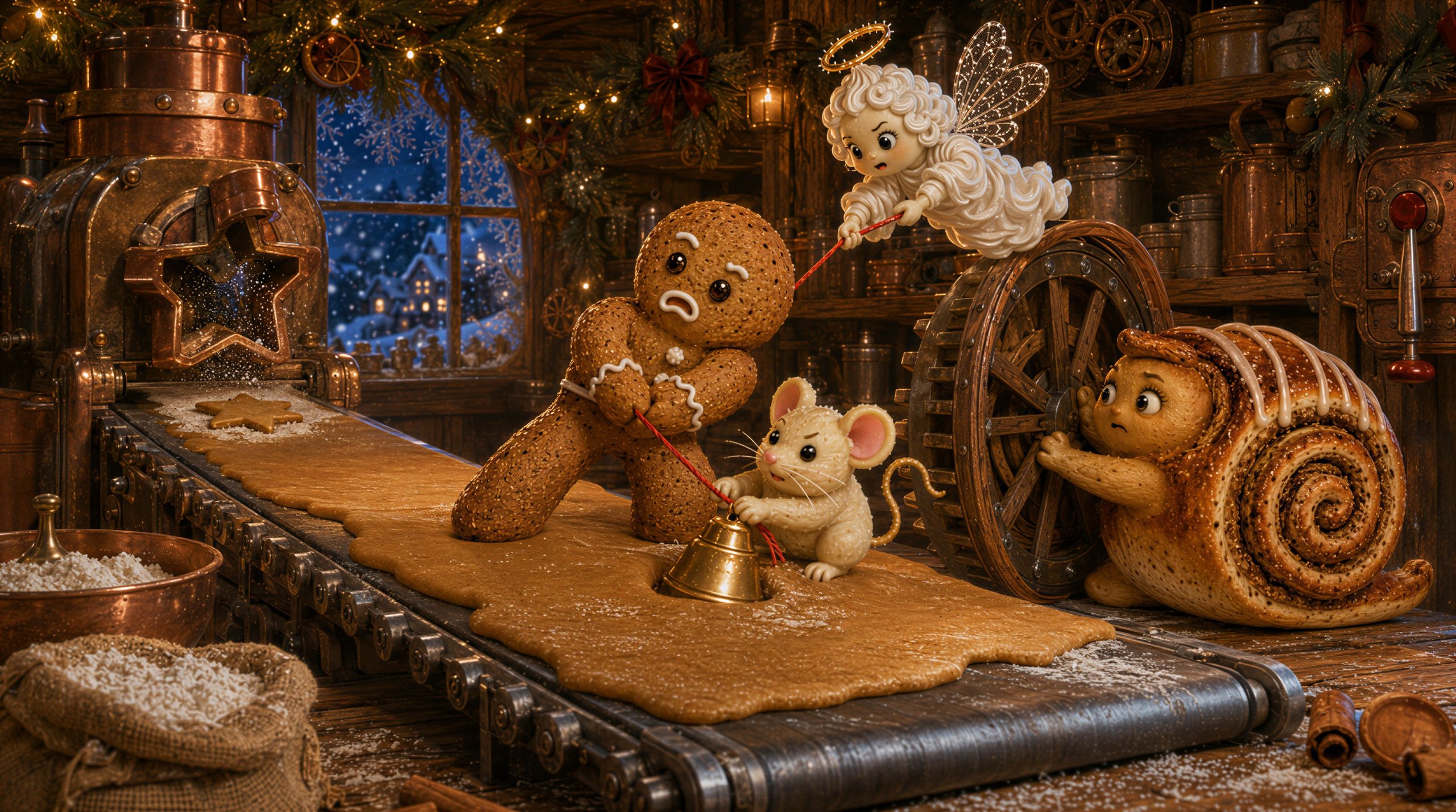 Kalle Krümel, Muck, Pip und Zora ziehen gemeinsam das goldene Weihnachtsglöckchen aus dem Teig