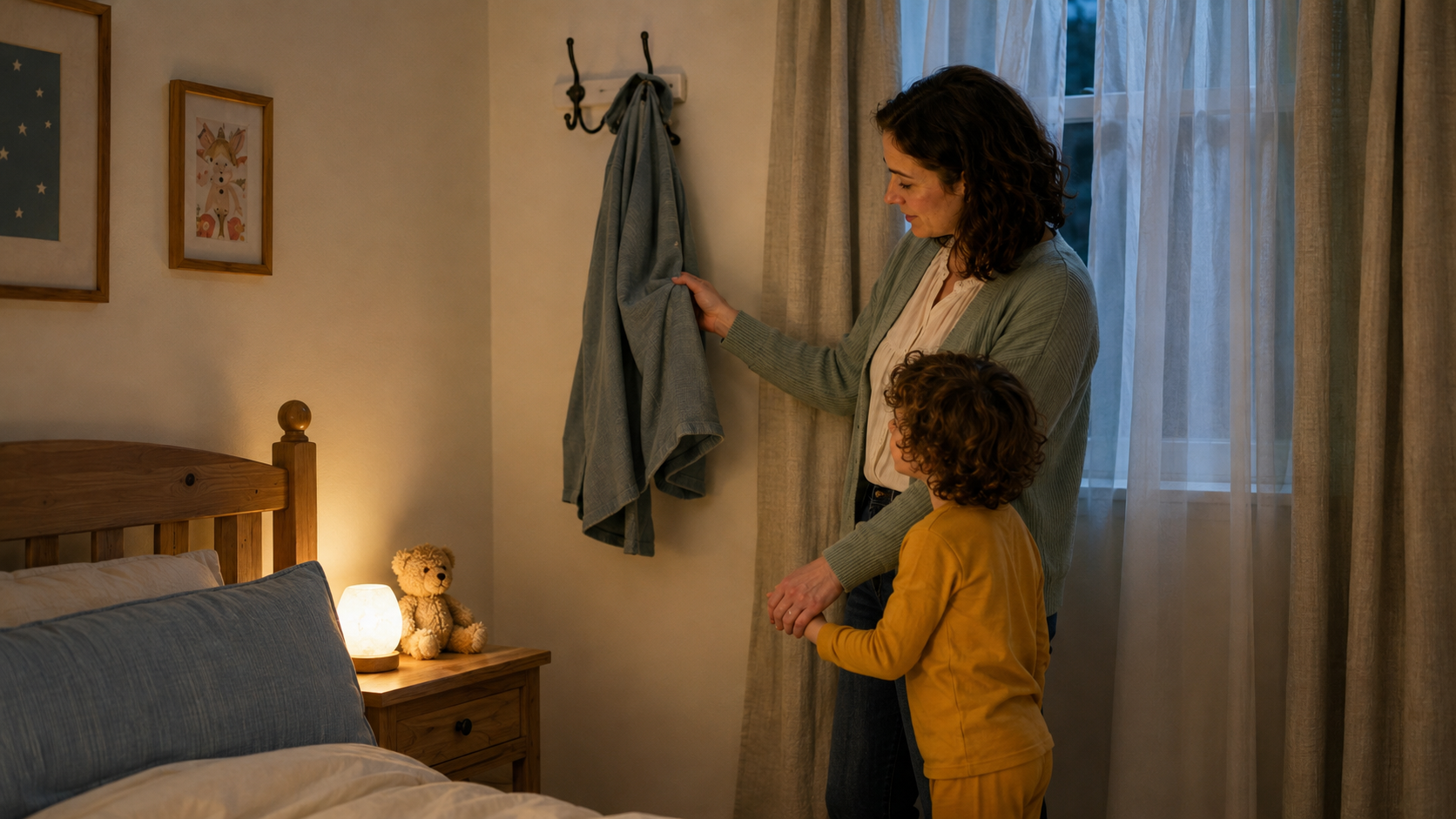 Mutter und Kind betrachten bei eingeschaltetem Licht gemeinsam den Bademantel, der zuvor einen unheimlichen Schatten geworfen hat.