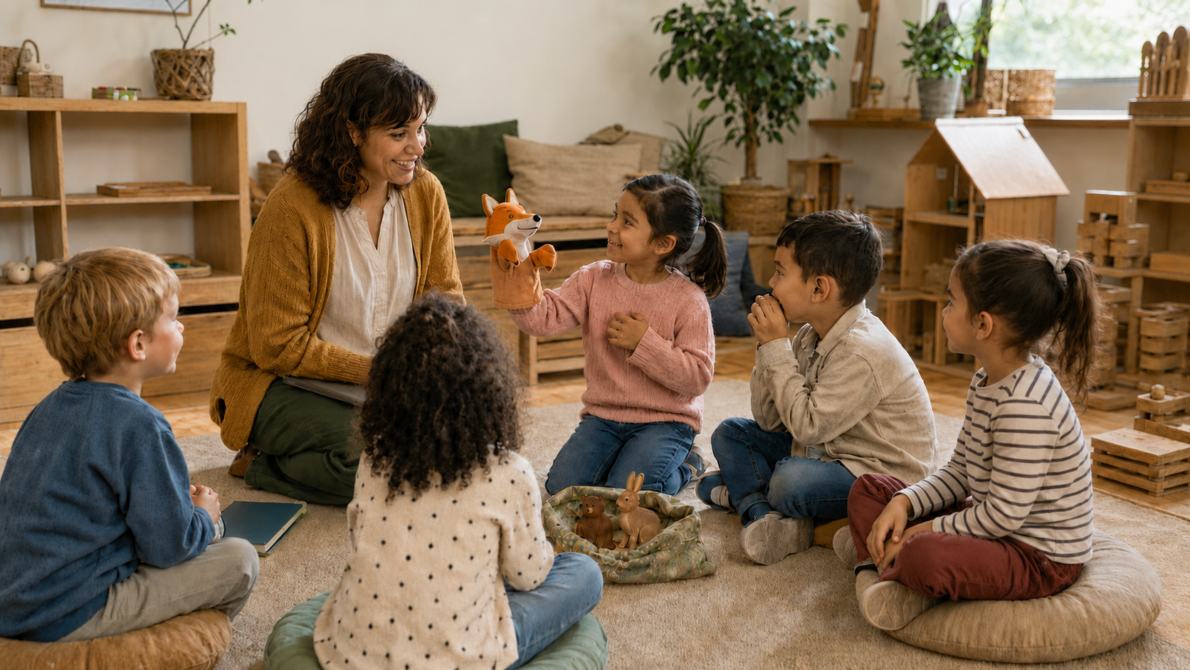Ein Kindergartenkind erzählt mit einer Fuchs-Handpuppe weiter, während die Fachkraft und die Kindergruppe aufmerksam zuhören.
