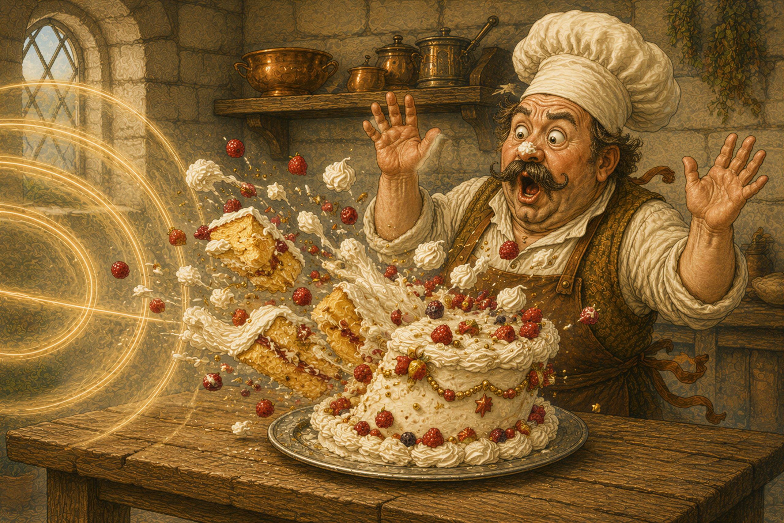 Schallwellen lassen die Torte des erschrockenen Küchenmeisters auseinanderfliegen.