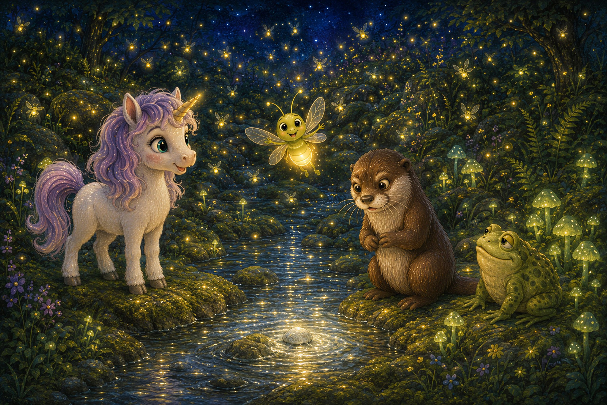 Bibbo führt Lumi, Frau Otterkamp und Krott durch den leuchtenden Garten nach Hause.