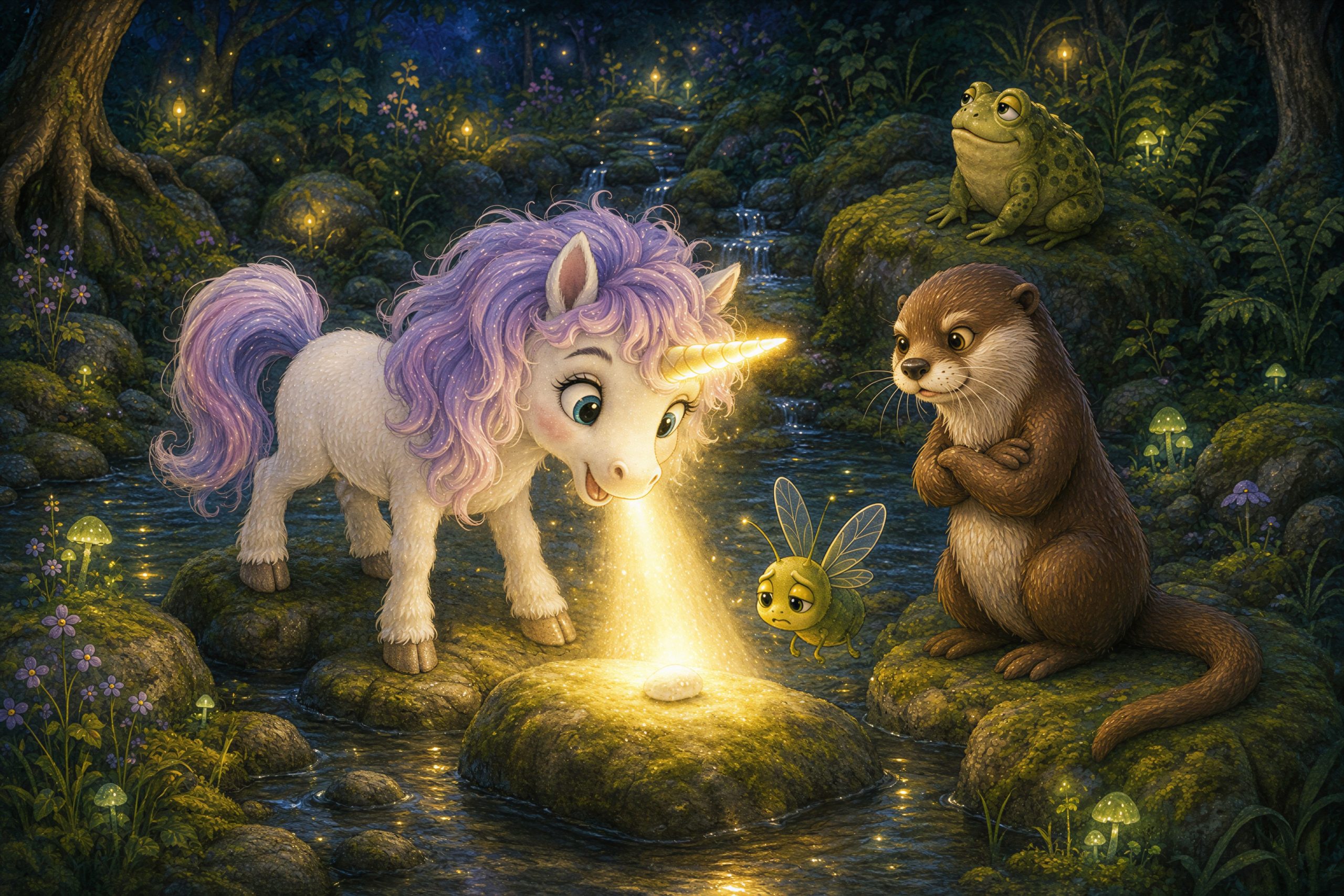 Lumi beleuchtet mit ihrem goldenen Horn einen Kiesel im Bach, während ihre Freunde zusehen.