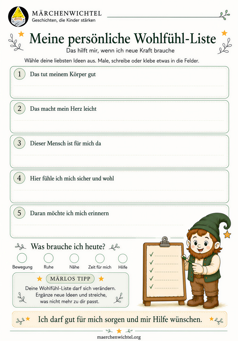 Persönliche Wohlfühl-Liste für Kinder zum Ausfüllen und Aufhängen