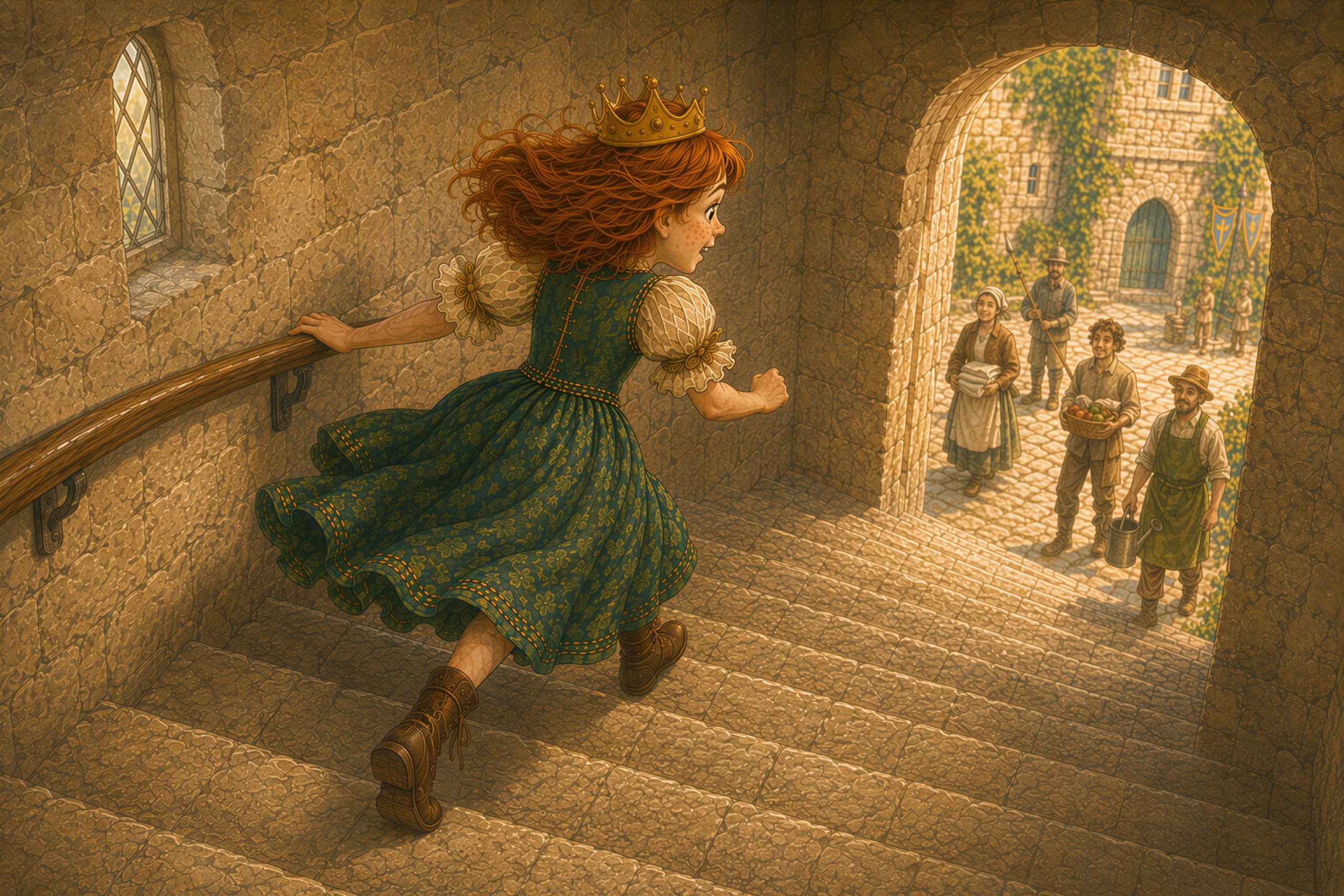 Prinzessin Mina läuft die steinerne Turmtreppe hinunter, um die Gäste persönlich zu begrüßen.