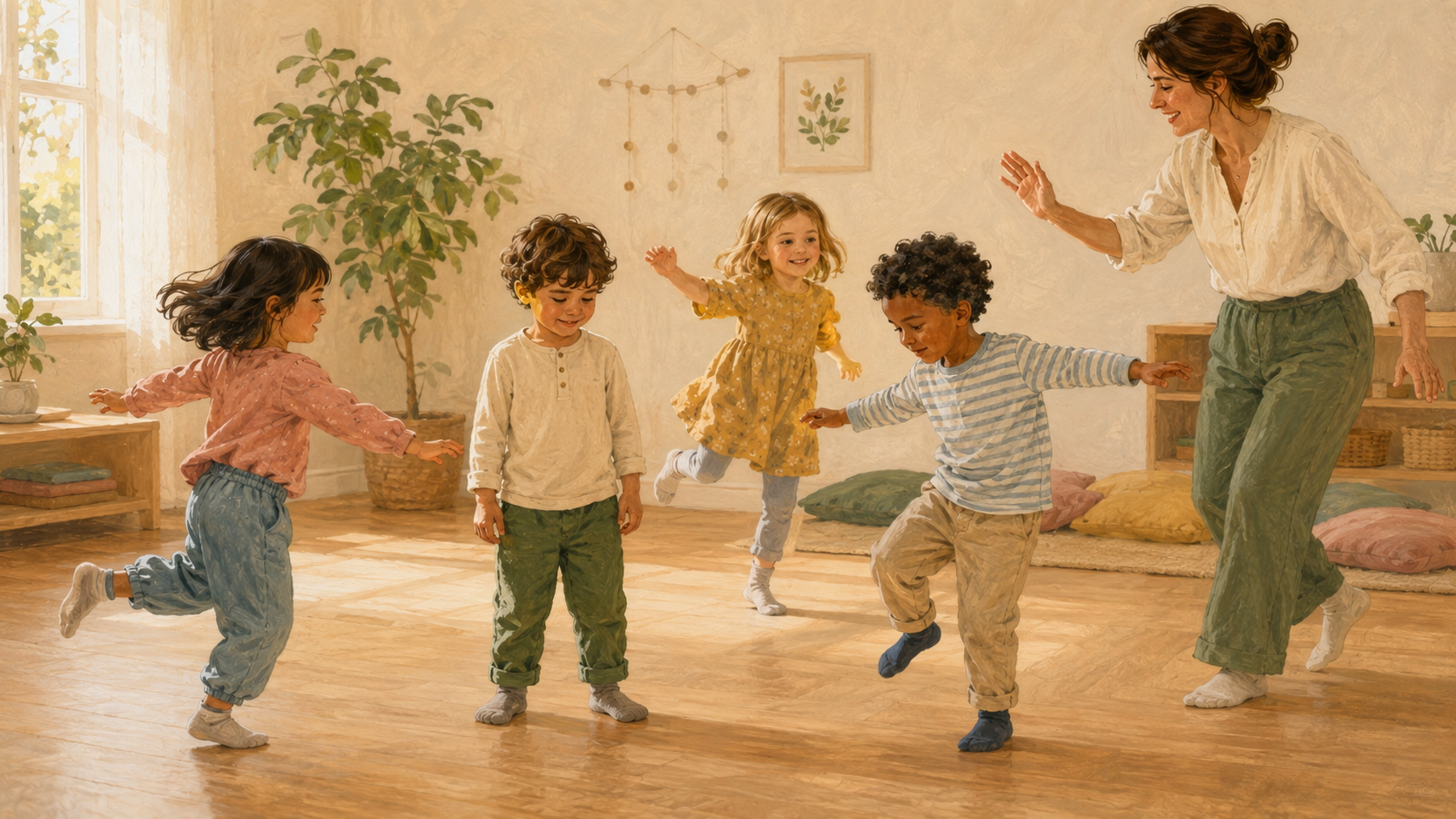 Vier Kinder üben beim Stopptanz spielerisch, Bewegungsimpulse wahrzunehmen und kurz anzuhalten.