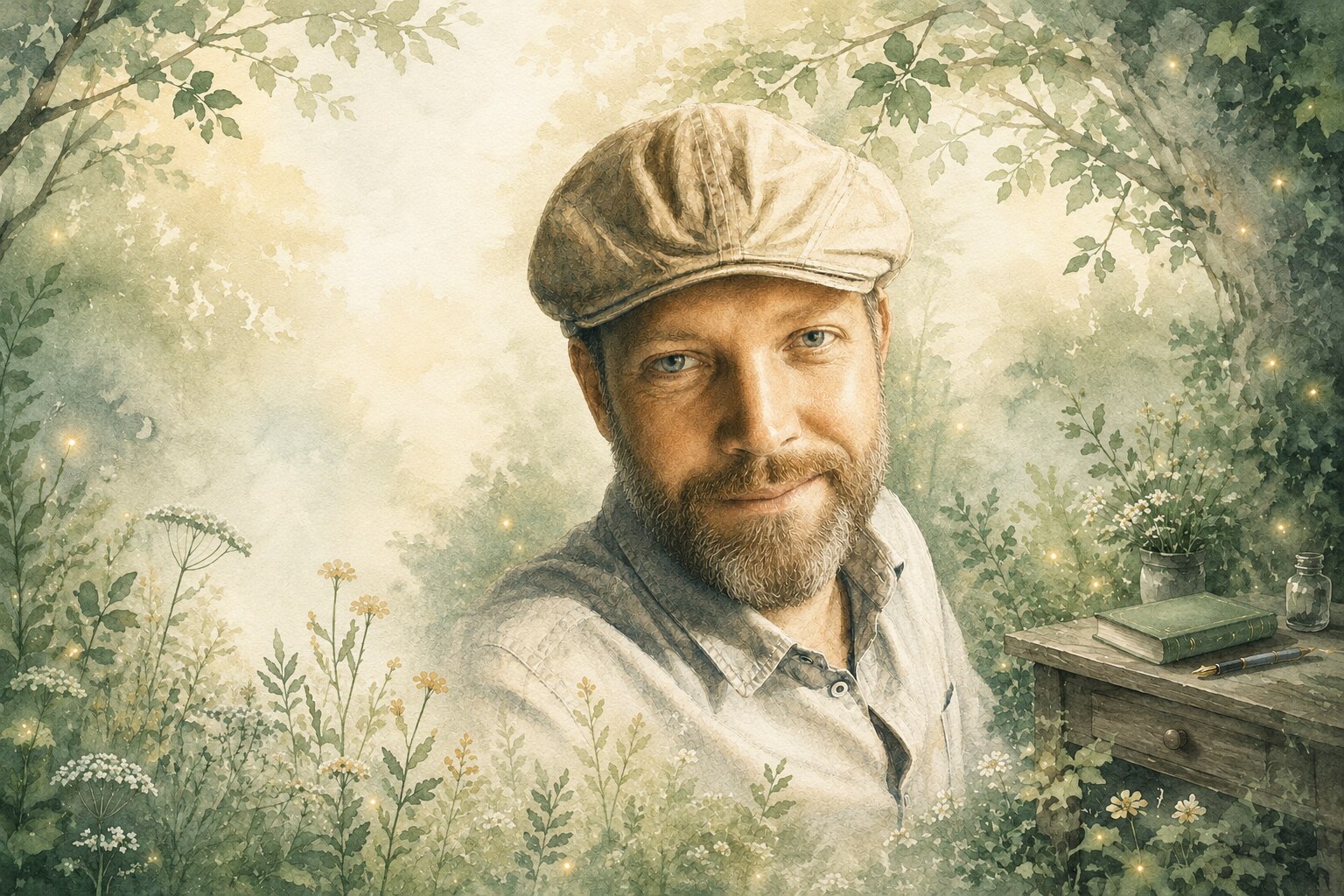 Andree Meinecke, Autor und Gründer von Märchenwichtel, in einer märchenhaften Aquarellkulisse