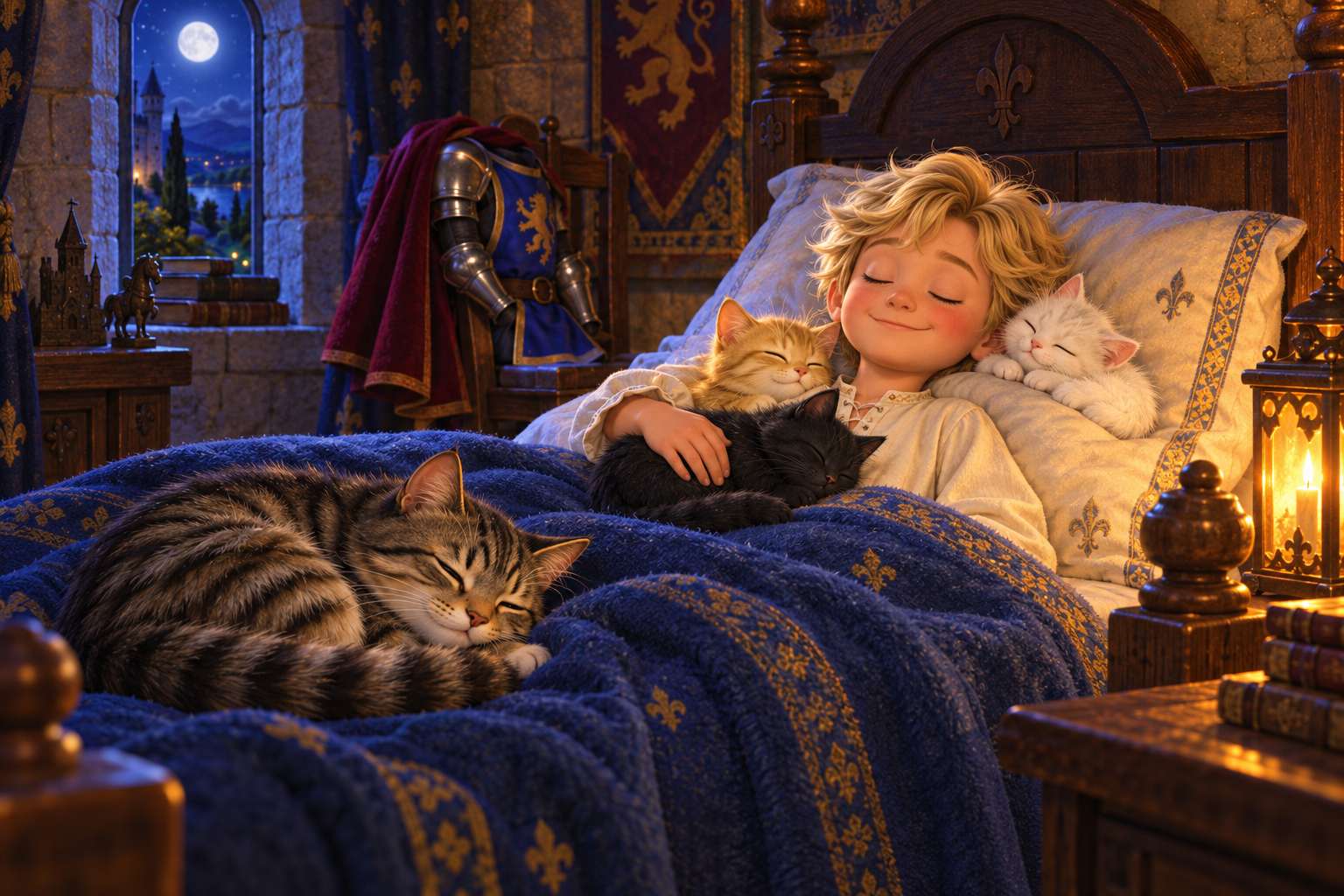Finnian schläft geborgen im Burgbett, umgeben von Mauzine und ihren drei Kätzchen.